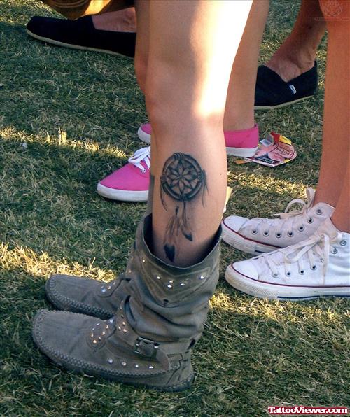 Grey Ink Dreamctcher Tattoo On Left Ankle Tattoo
