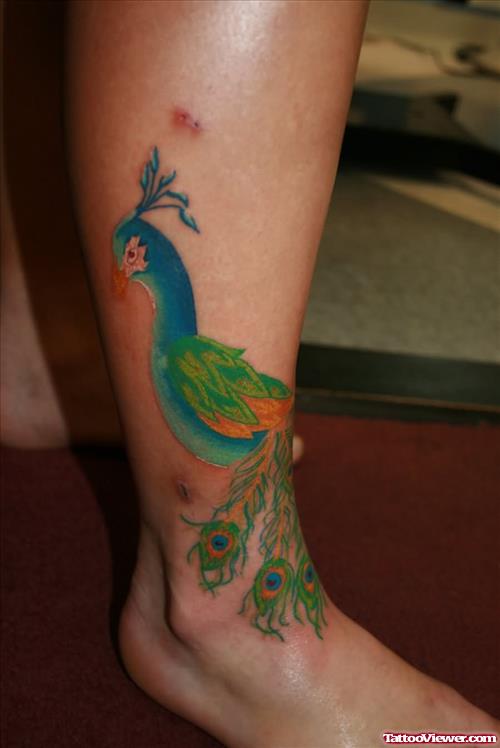 Colored Peacock Ankle Tattoo