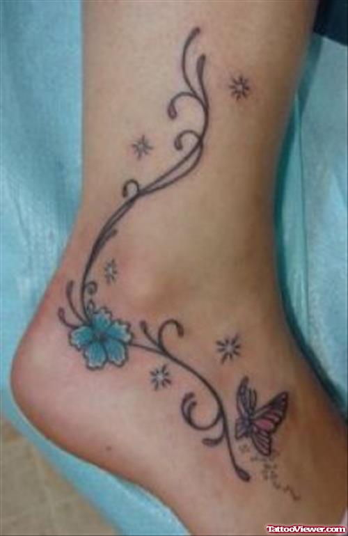 Blue Flower And Butterfly Ankle Tattoo