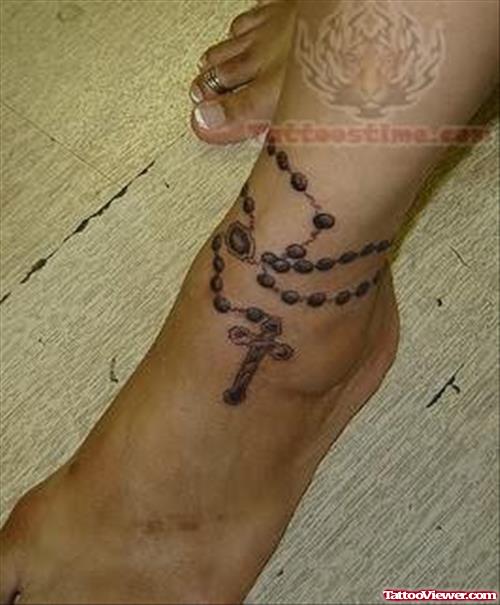 Attractive Grey Ink Cross Rosary Ankle Tattoos