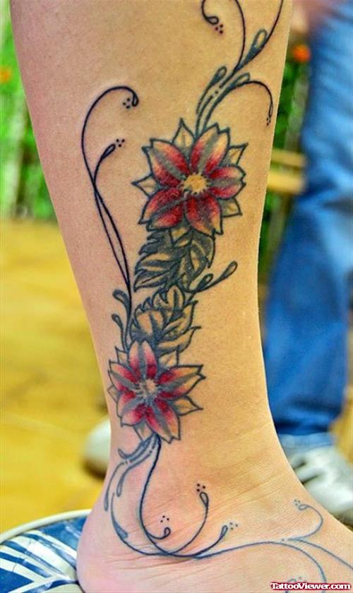 Amazing Red Flowers Ankle Tattoo
