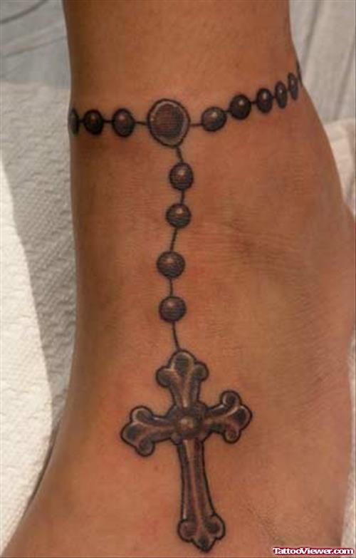 Amazing Grey Ink Cross Rosary Ankle Tattoo