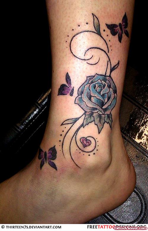 Grey Ink Butterflies And Blue rose Ankle Tattoo