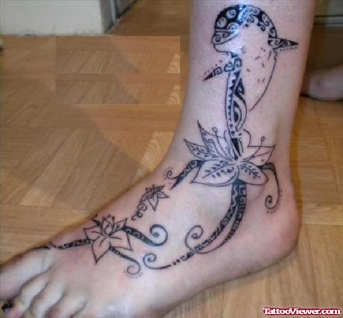 Flowers And Dolphin Ankle Tattoo For Girls
