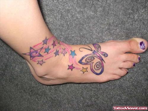 Colored stars And Butterfly Right Ankle Tattoo For Girls