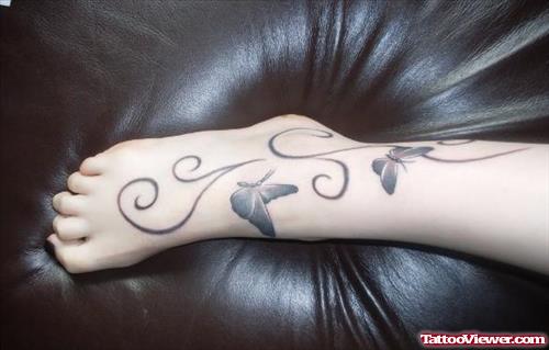 Best Grey Ink Butterfly Ankle Tattoo