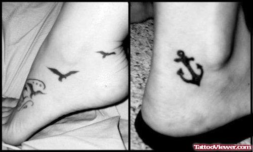 Anchor and Flying Birds Ankle Tattoo