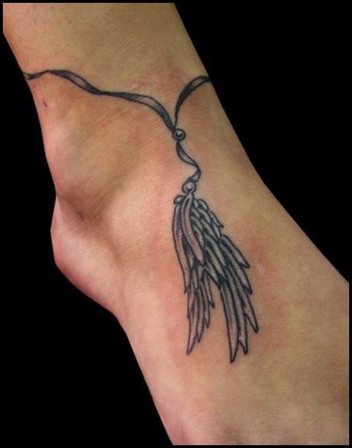 Grey Ink Wings Rosary Ankle Tattoo