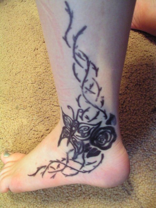 Tribal And Butterfly Ankle Tattoo For Girls