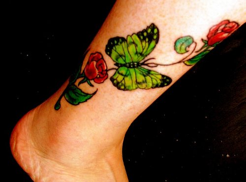 Red Flowers And Green Butterfly Ankle Tattoos