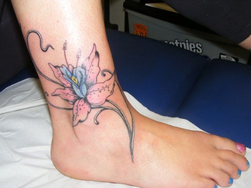 Swirl And Pink Folower Tattoo On Ankle