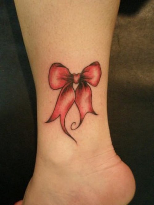 Pink Bow Ankle Tattoo For Girls