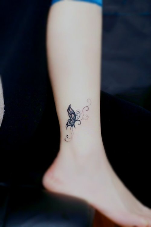 Grey Ink Butterfly Ankle Tattoo