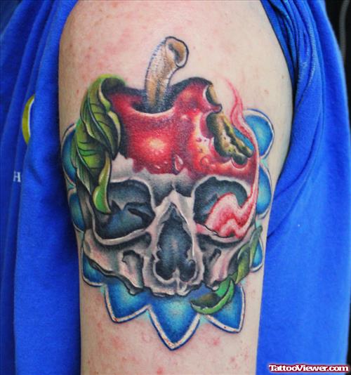 Skull and Rotten Apple Tattoo On Bicep
