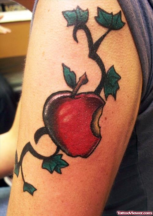Green Leaves And Bite Apple Tattoo