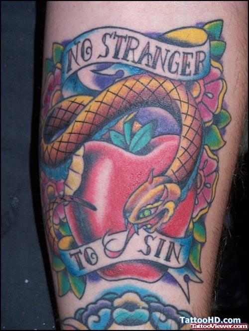 Colored Snake And Banners With Apple Tattoo