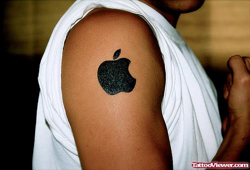 Black Ink Apple Logo Tattoo On Right Shoulder
