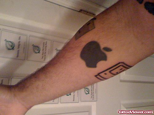 Black Apple Logo Tattoo On Right Arm