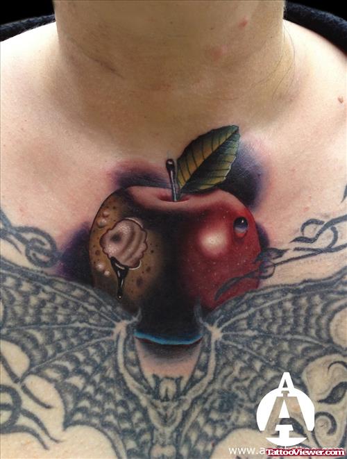 Bat Wings and Apple Tattoo On Chest