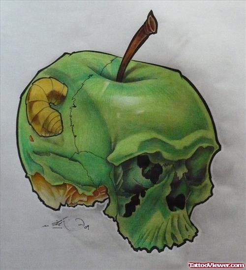 Awesome Green Ink Apple Skull Tattoo Design