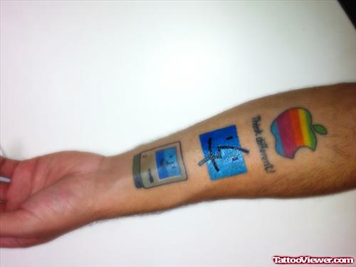 Robo And Colorful Apple Tattoo On Left Forearm