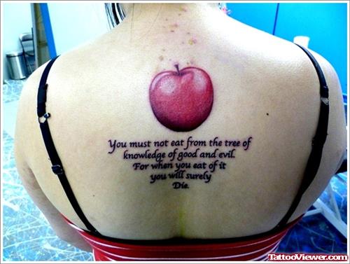 Lettering And Red Ink Apple Tattoo On Upperback