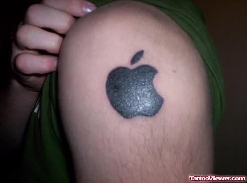 Black Apple Logo Tattoo On Left Shoulder