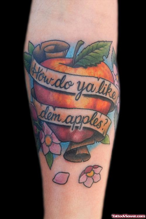 Banner And Apple Tattoo On Sleeve