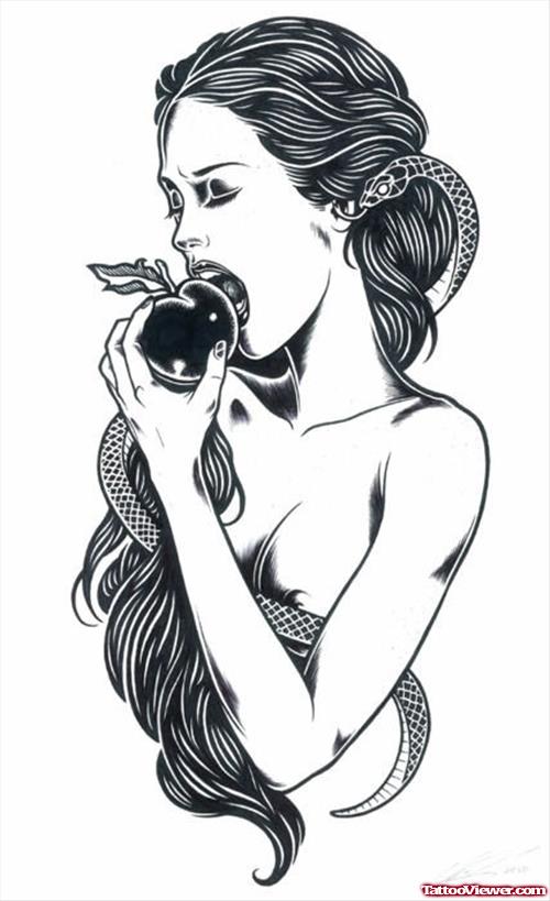 Girl Eating Apple Tattoo Design