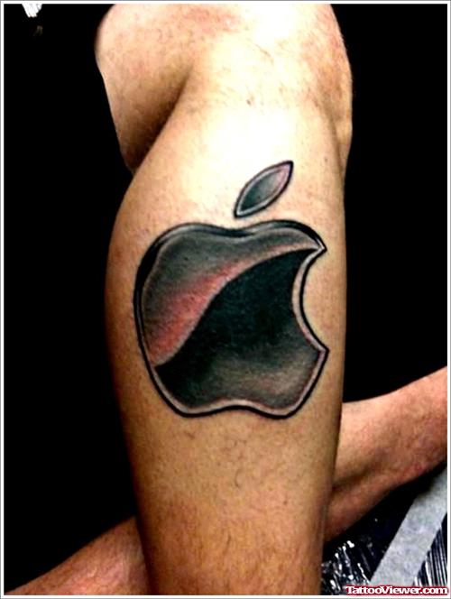 Grey Ink Apple Tattoo On Right Leg