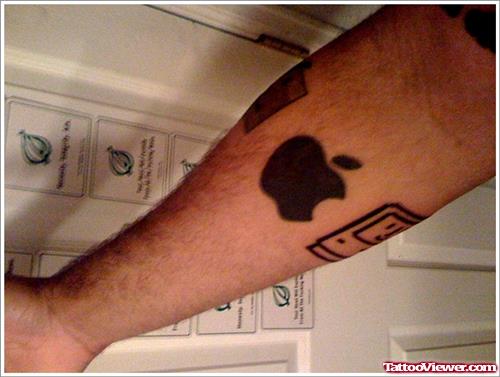 Awesome Black Apple Tattoo On Right Arm