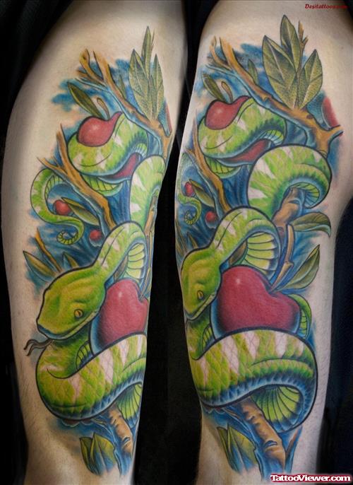Green Snake And Apple Tattoo On Sleeve