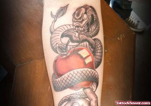 Grey Ink Snake and Apple Tattoo