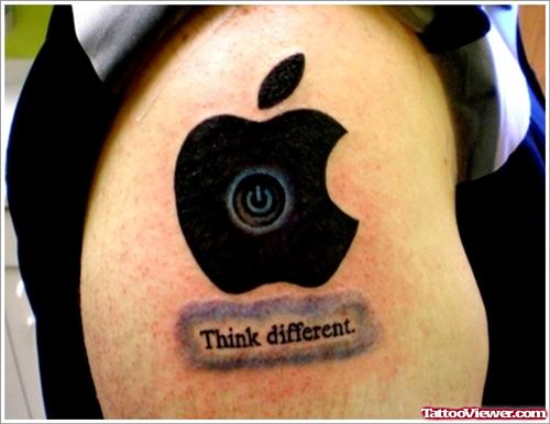 Black Ink Apple Logo Tattoo On Shoulder