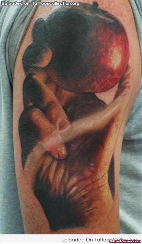Apple In Hand Tattoo On Half Sleeve