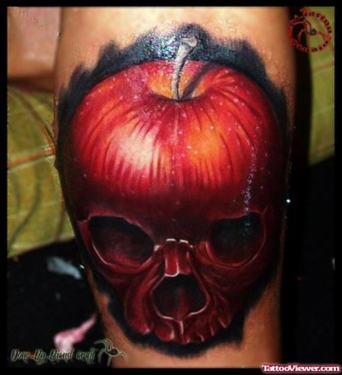 Red Ink Rotten Apple Tattoo On Leg