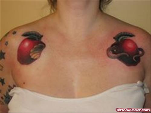 Red Apple Tattoos On Collarbones
