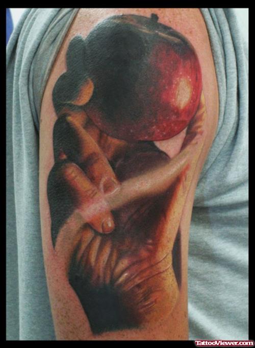 Red Apple In Hand Tattoo On Half Sleeve