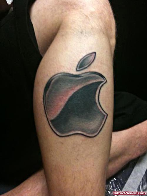 Grey Apple Tattoo On Right Leg