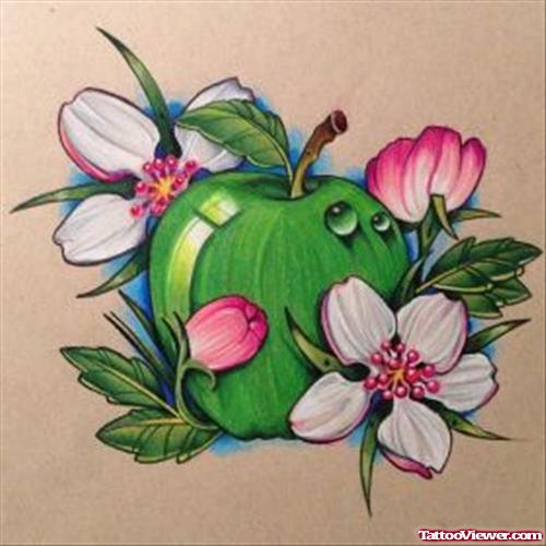 Flowers and Green Apple Tattoo Design