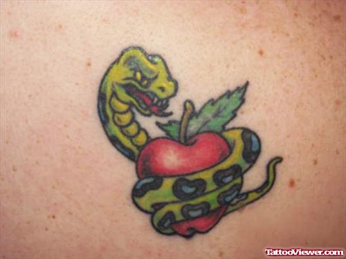 Color Ink Snake And Apple Fruit Tattoo