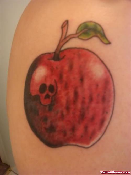 Red Ink Apple Tattoo On Shoulder