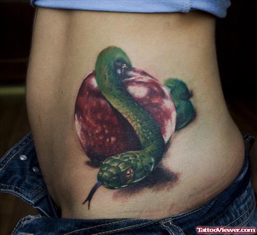 Green Ink Snake And Apple Tattoo On Side Rib
