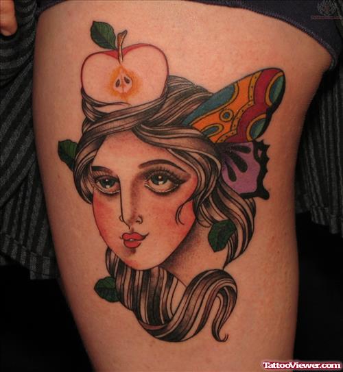 Girl Head And Apple Tattoo