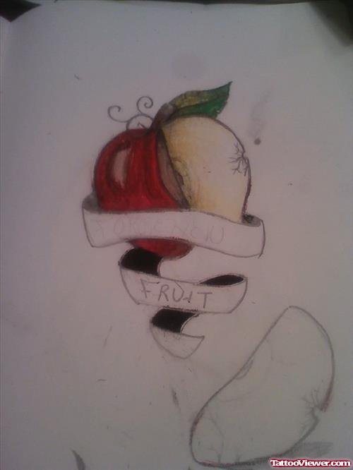 Apple With Banner Tattoo Design