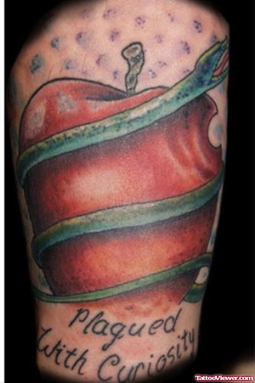 Amazing Red Apple With Green Snake  Tattoo