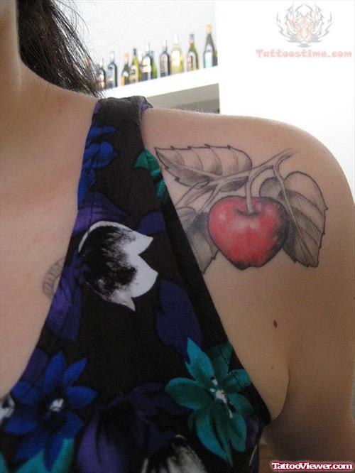 Apple With Leaves Tattoo On Shoulder