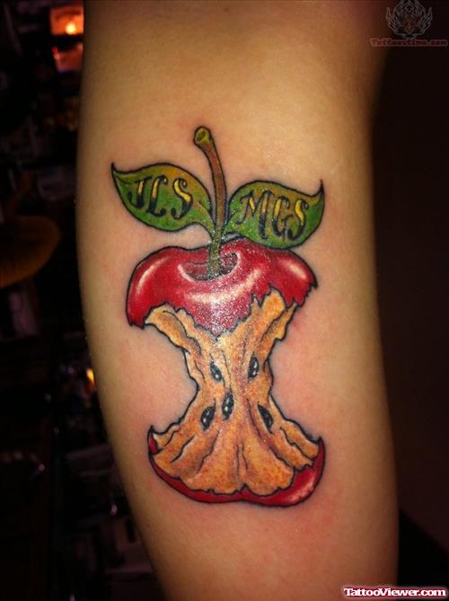 Red Apple Core Tattoo On Sleeve