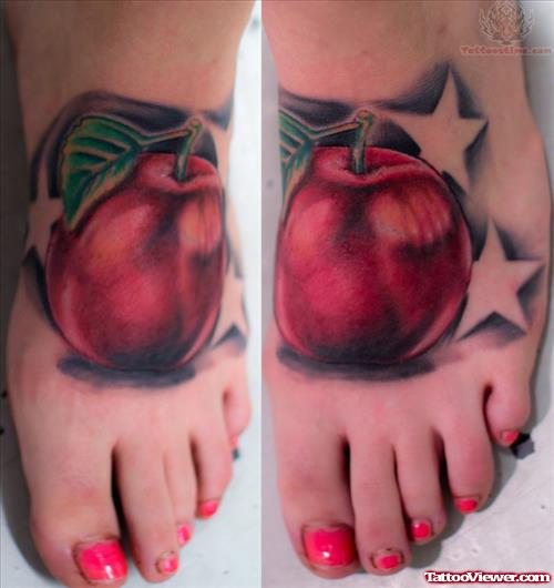 Stars And Apple Tattoo On Foot