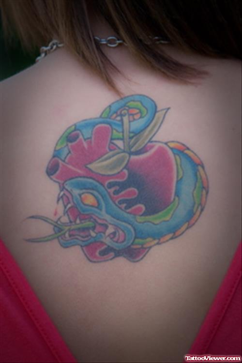 Heart Apple And Snake Tattoo On Back